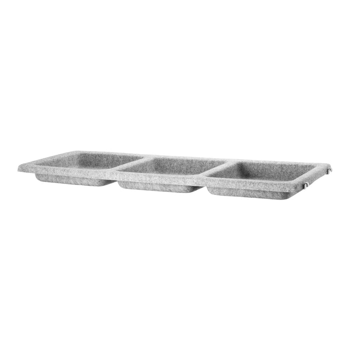 Grey three-compartment tray featuring a smooth, textured surface pattern. Ideal for organizing small items.