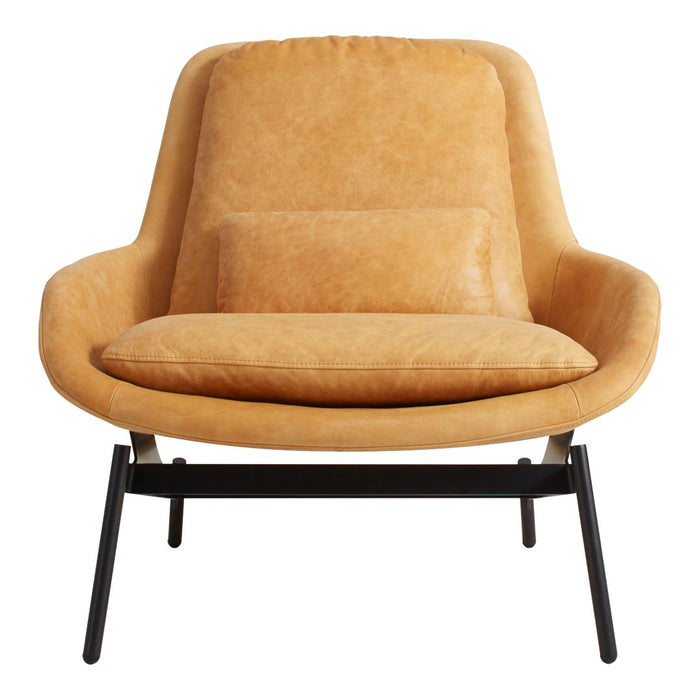 Soft mustard yellow leather armchair with a minimalist black metal frame and a matching lumbar pillow.