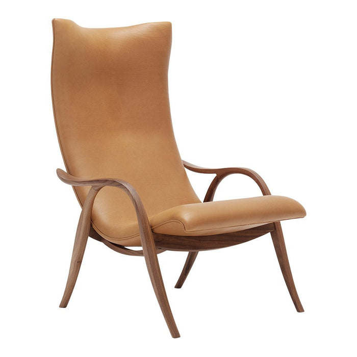 Tan leather high-back chair with smooth curves and wooden frame, offering modern elegance and comfort.