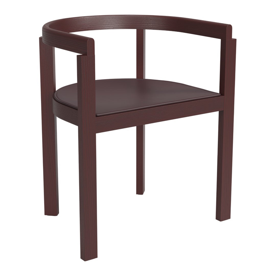 Modern burgundy accent chair with a sleek, minimalist design and smooth wood texture. Perfect for contemporary decor.