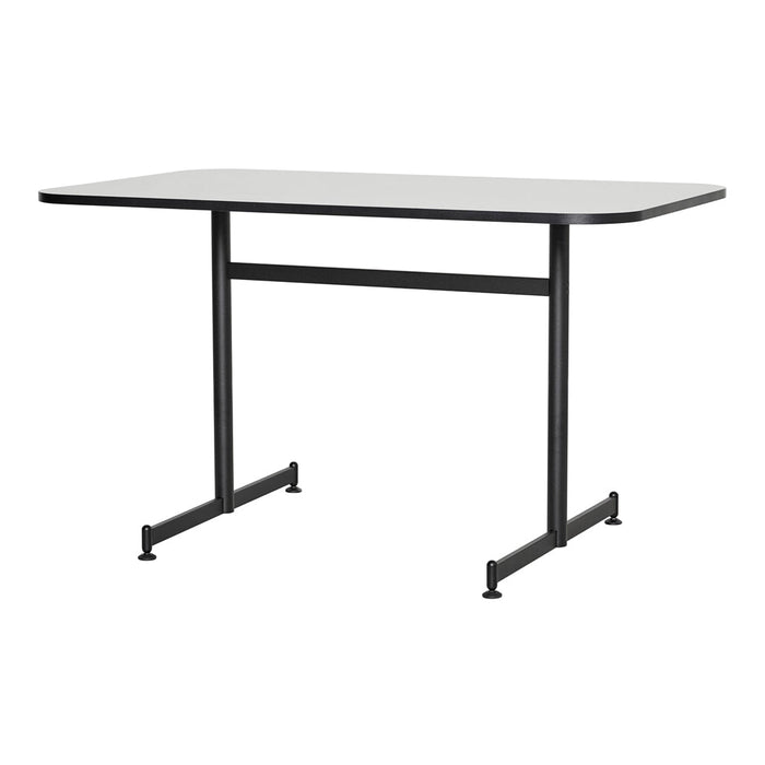 Modern rectangular table with a sleek gray top and black metal legs, featuring a minimalist design and smooth finish.