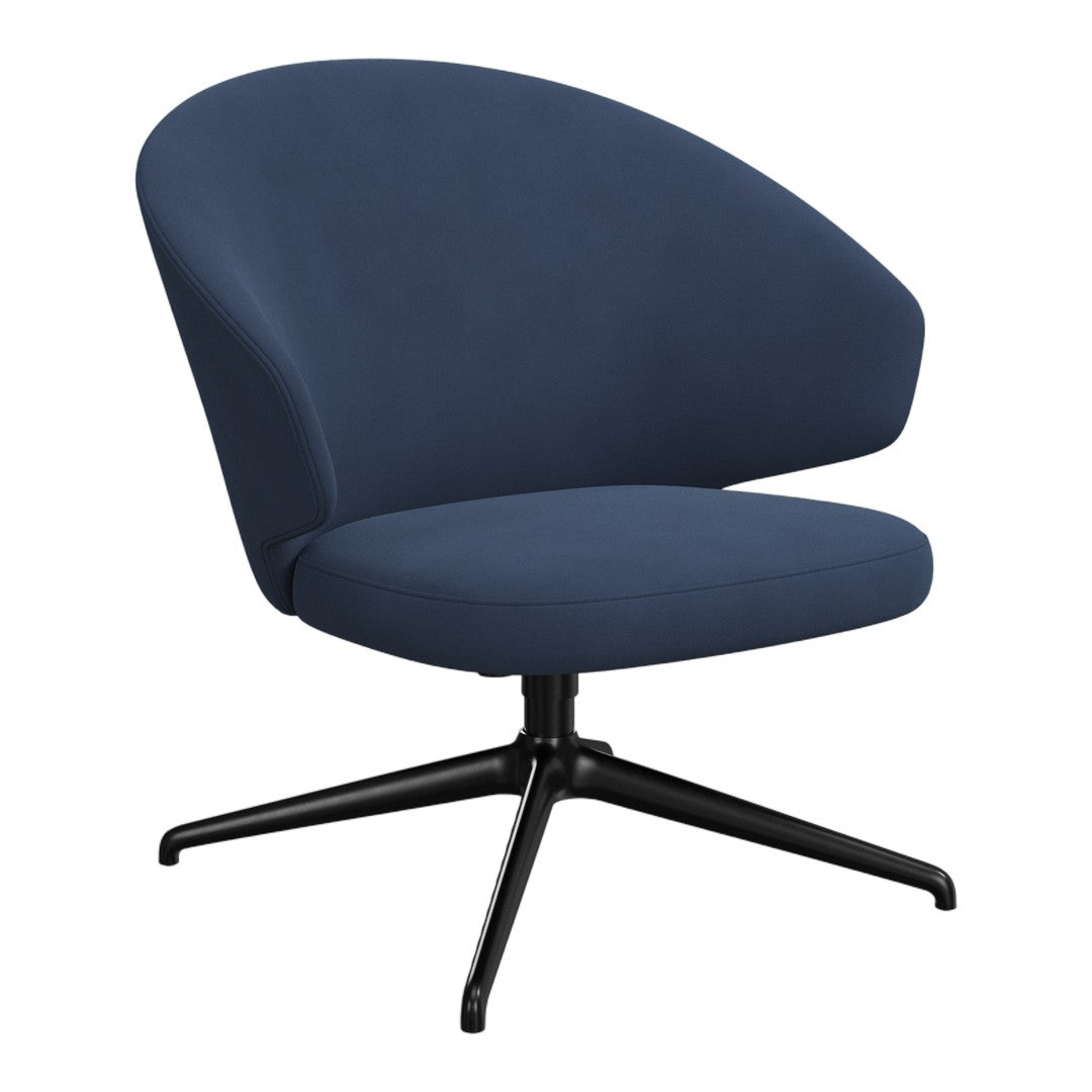 Navy blue upholstered chair with a sleek black metal base and smooth curved design. Ideal for modern interiors.