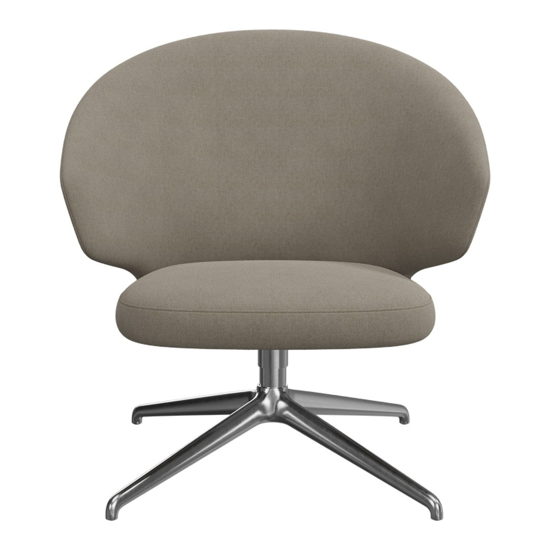 Light taupe upholstered chair with a smooth, rounded design and sleek silver base. Ideal for modern interiors.