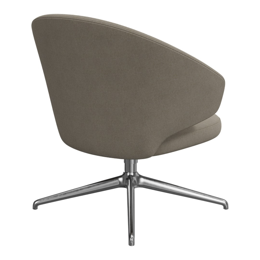Stylish taupe upholstered chair with soft fabric and sleek chrome base, perfect for modern interiors.