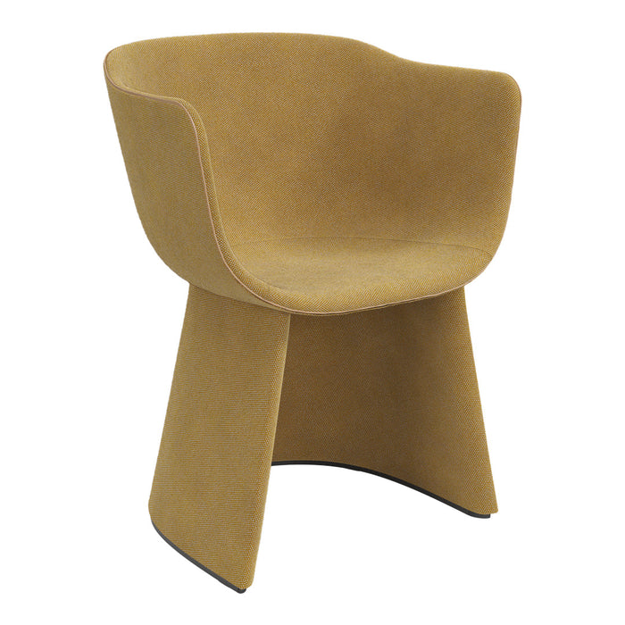 Mustard yellow armchair with a smooth, modern design and a textured finish. Perfect for stylish seating.