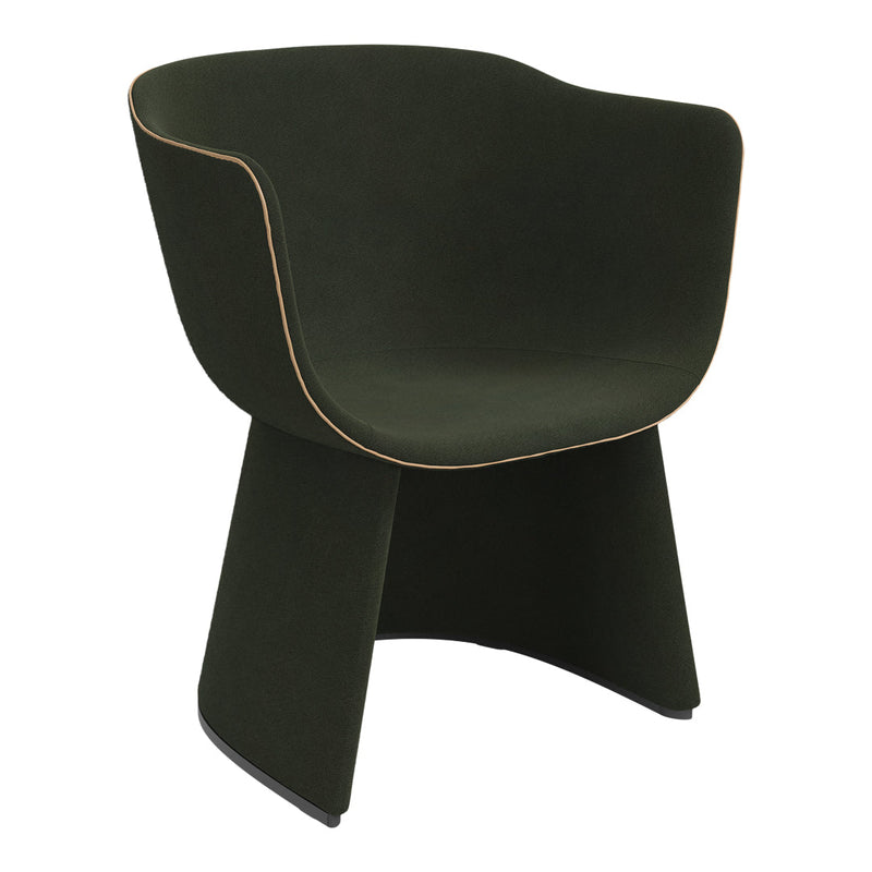 Dark green chair with a smooth finish and subtle light wood trim for a modern, stylish accent.