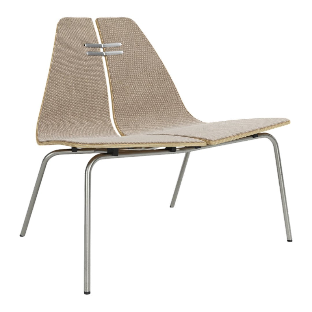 Light beige chair with a textured finish and silver metal legs, featuring smooth curved lines and subtle patterns.
