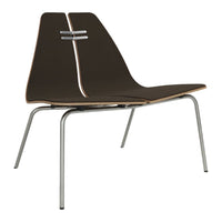 Modern two-tone chair featuring a dark brown upholstery and natural wood accents on a sleek chrome base.