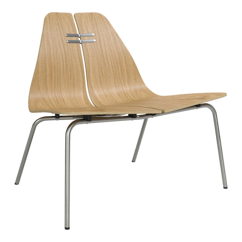 Light wood chair with a sleek, modern design and polished chrome legs, featuring a minimalist pattern.