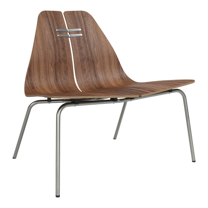 Stylish wooden chair with rich brown color and sleek silver metal legs. Features a unique curved design.