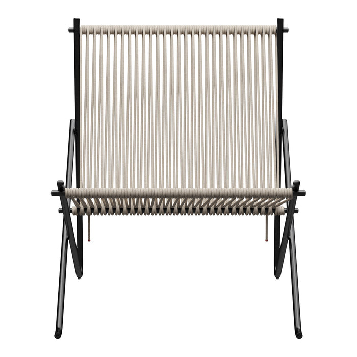 Beige and black striped chair with a modern design and a minimalist framework. Perfect for contemporary decor.