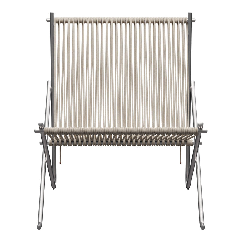 Beige and silver striped lounge chair with a sleek, modern design and open slat pattern. Ideal for stylish interiors.