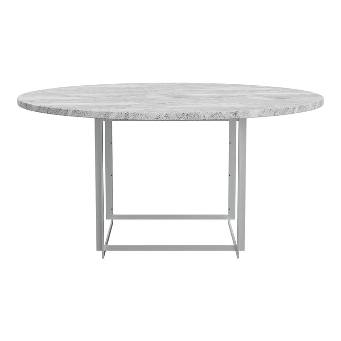 Round gray concrete dining table with a textured surface and sleek silver metal legs. Modern and stylish design.