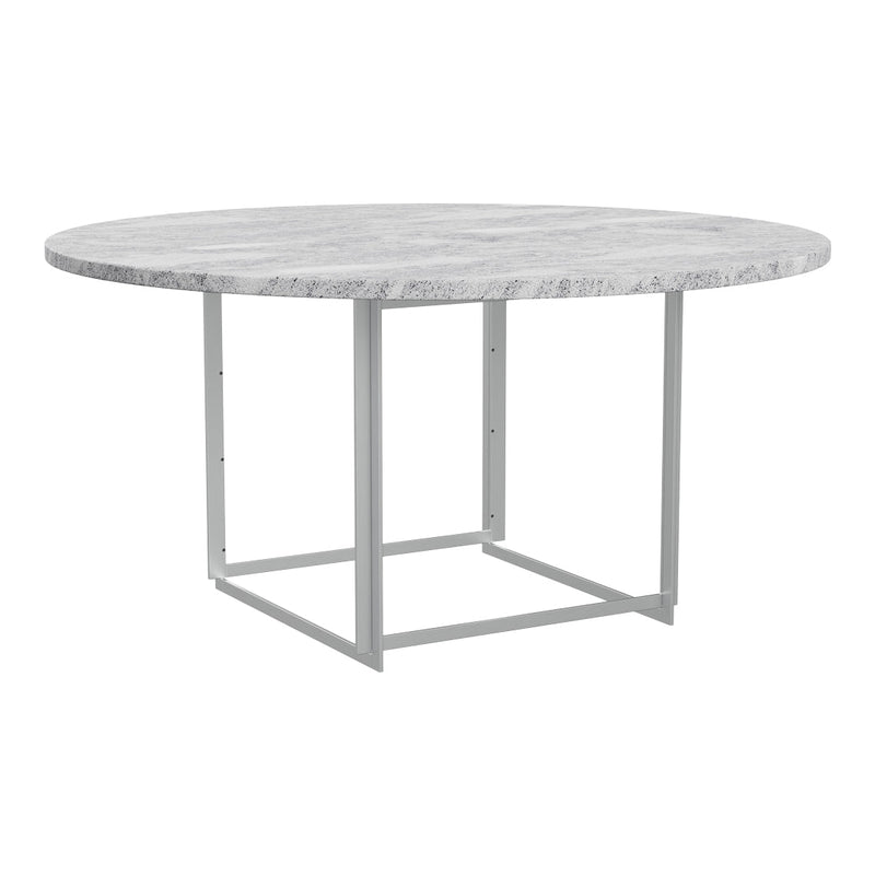 Round table with a textured gray marble top and a sleek silver metal base. Modern design with minimalist aesthetics.