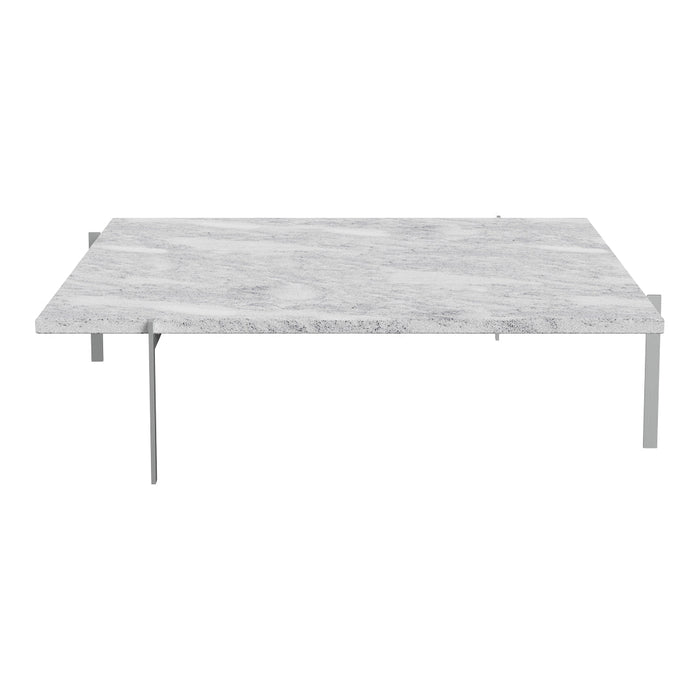 White marble coffee table with subtle gray veining and sleek metal legs. Modern minimalist design for any living space.