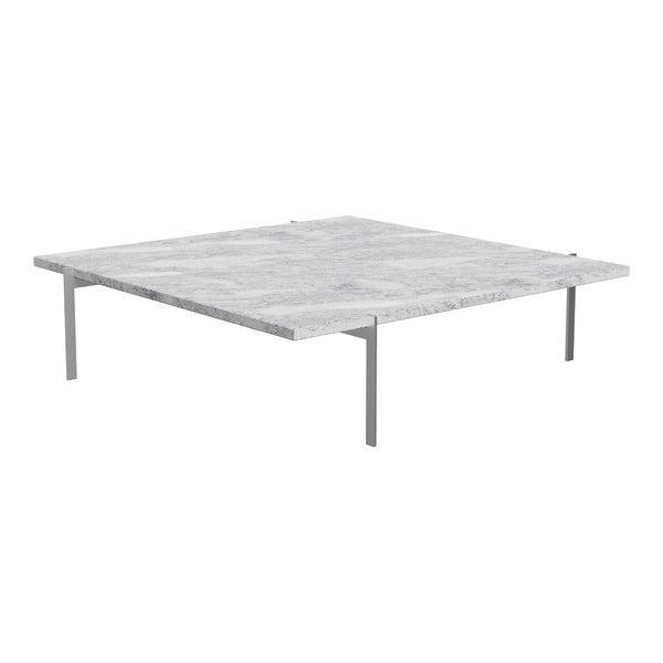 Square marble coffee table with a white and gray patterned top and sleek silver legs. Ideal for modern decor.