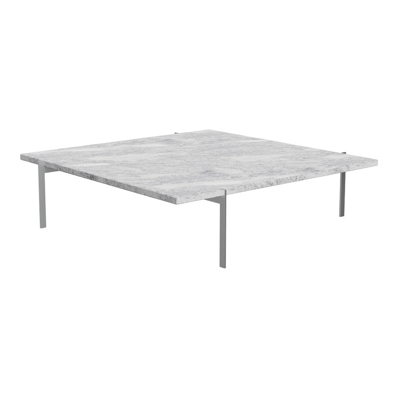 Square marble coffee table with a white and gray patterned top and sleek silver legs. Ideal for modern decor.