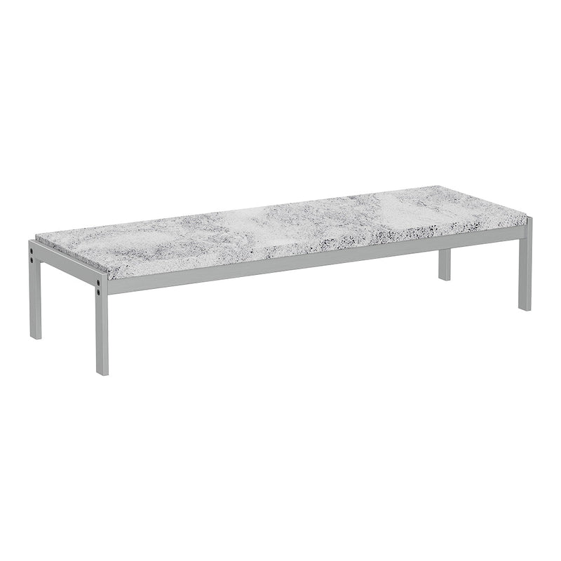 Gray marble patterned tabletop with silver metal legs, showcasing a modern, minimalist design.