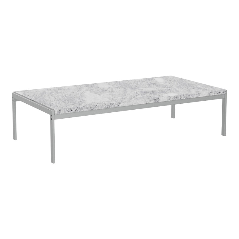Rectangular coffee table with a gray marble top and sleek silver metal legs, showcasing a modern monochrome design.