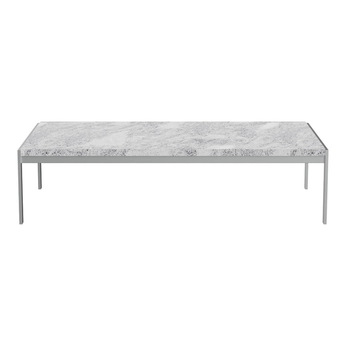 Gray marble tabletop with subtle veining, complemented by a sleek silver metal frame. Modern and minimalist design.