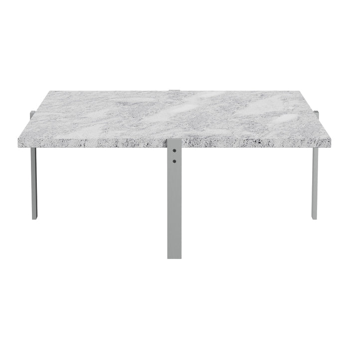 Gray marble tabletop with subtle white veining, supported by sleek silver metal legs. Modern and elegant design.