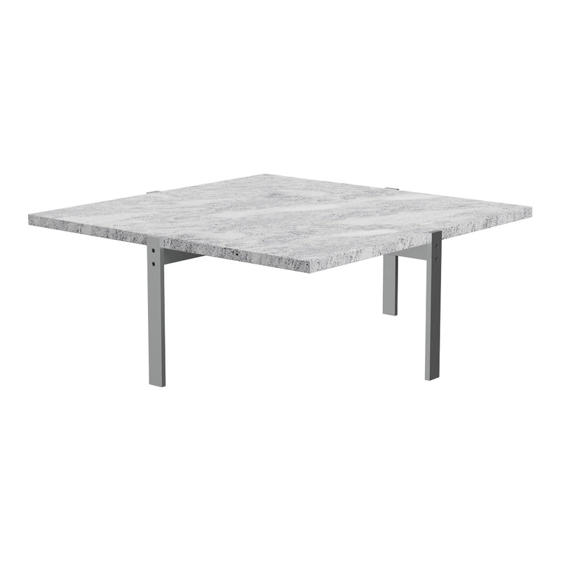 Gray marble tabletop with subtle white veins, supported by sleek metallic legs. Modern and elegant design for any space.