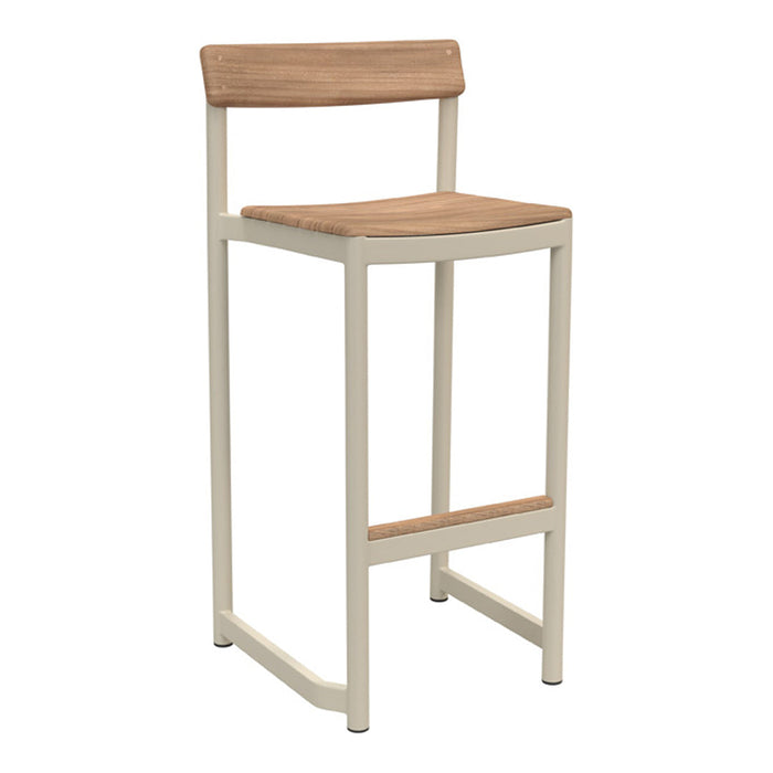 Bar stool featuring a natural wood seat and backrest with a sleek white metal frame. Stylish and modern design.