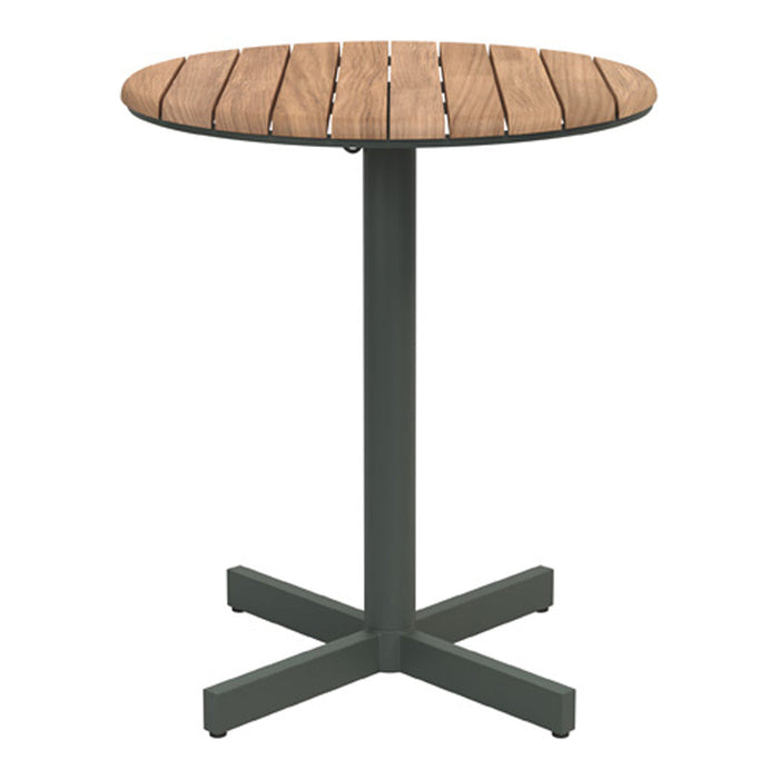 Round wooden table with a natural wood slatted top and dark gray metal base, perfect for outdoor or indoor use.