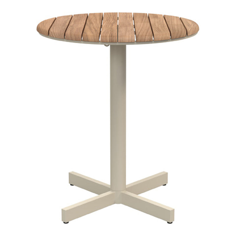 Round wooden tabletop with pale beige metal base, featuring a slatted design in warm brown tones.