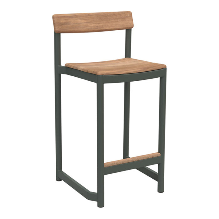 Green metal bar stool with a natural wood seat and backrest, featuring a sleek, modern design.