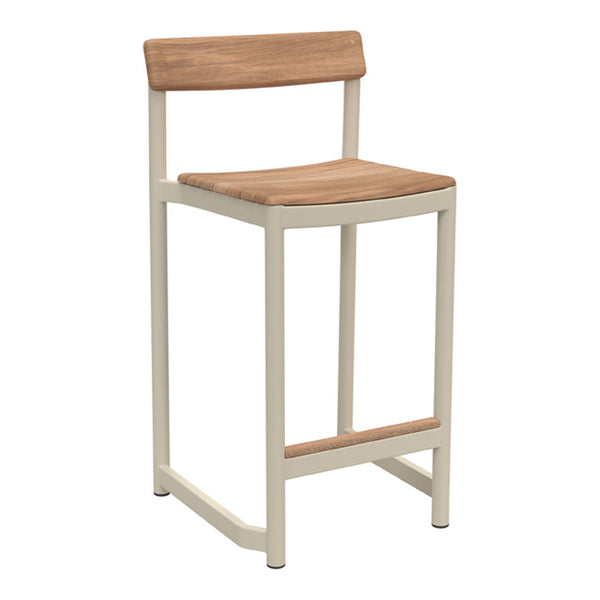Beige metal bar stool with warm wood seat and backrest, featuring a minimalist design and smooth finishes.
