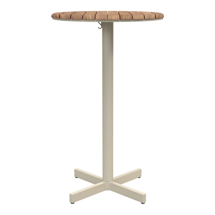Round bar table with a natural wood pattern top and a sleek beige metal base. Perfect for outdoor or indoor use.