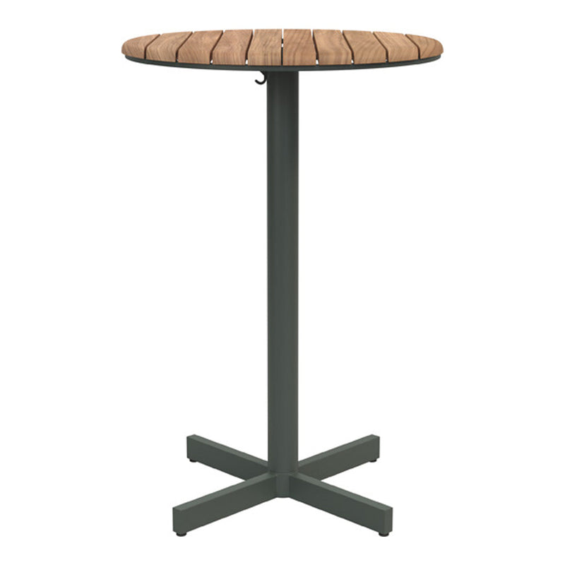 Round wooden bar table with a natural wood finish and a dark green metal base. Ideal for outdoor use.