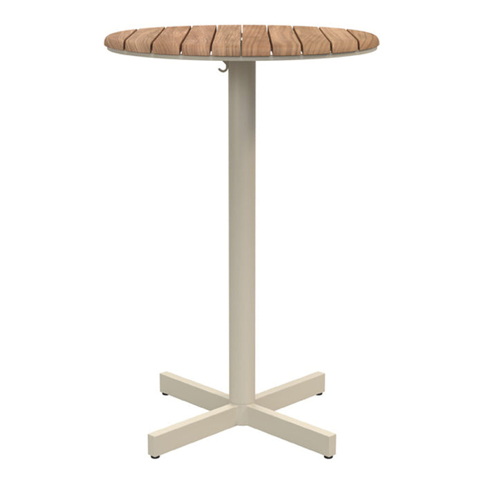Round wooden tabletop in natural tones on a cream metal base with a minimalist design. Ideal for modern spaces.