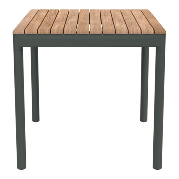 Wooden slatted top in natural tones with a sleek dark green metal frame. Perfect for modern outdoor spaces.