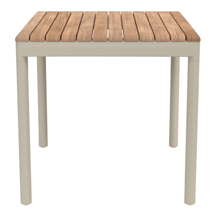 Light beige table with a wooden slatted top, featuring a natural wood grain pattern. Perfect for outdoor decor.