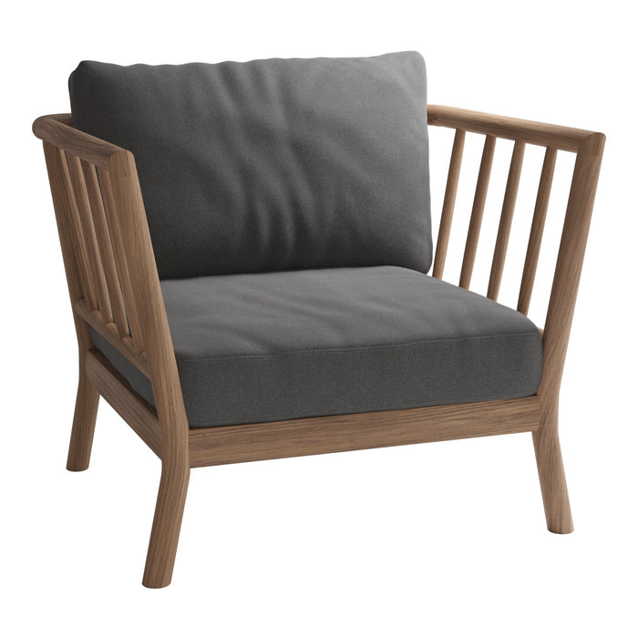 Gray cushion on a wooden-frame chair with vertical slats, showcasing a modern and sleek design.
