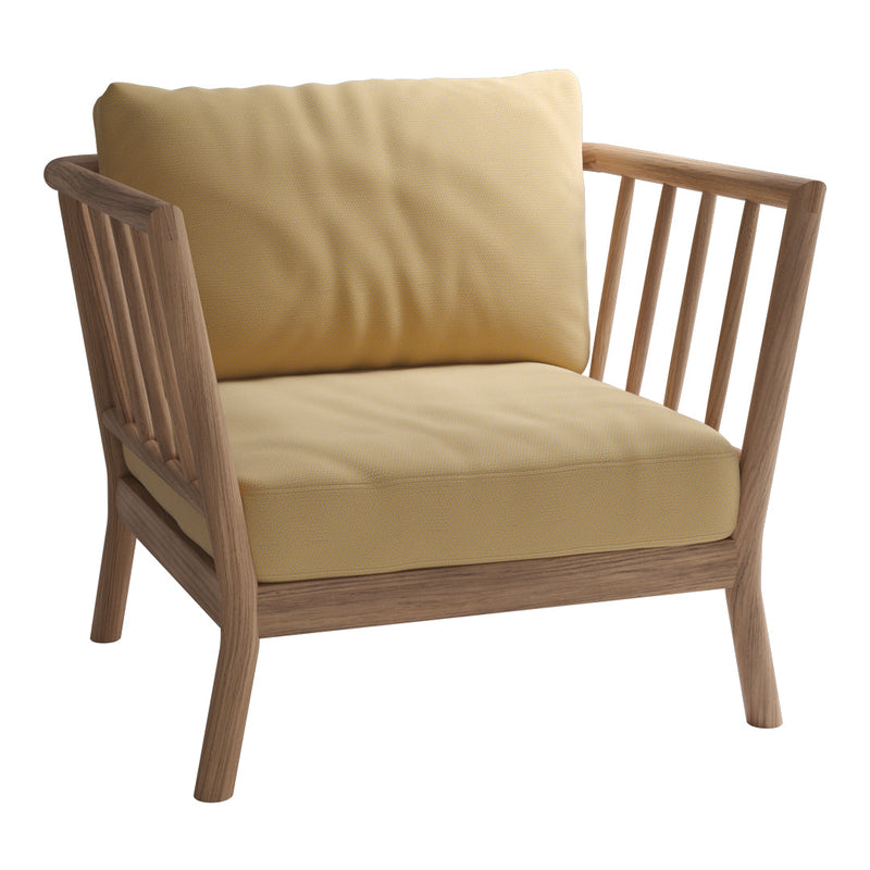 "Light yellow cushion on a natural wood frame chair with minimalist slatted design."