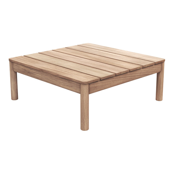 Natural light brown wooden square coffee table with slatted design and smooth finish. Ideal for modern decor.