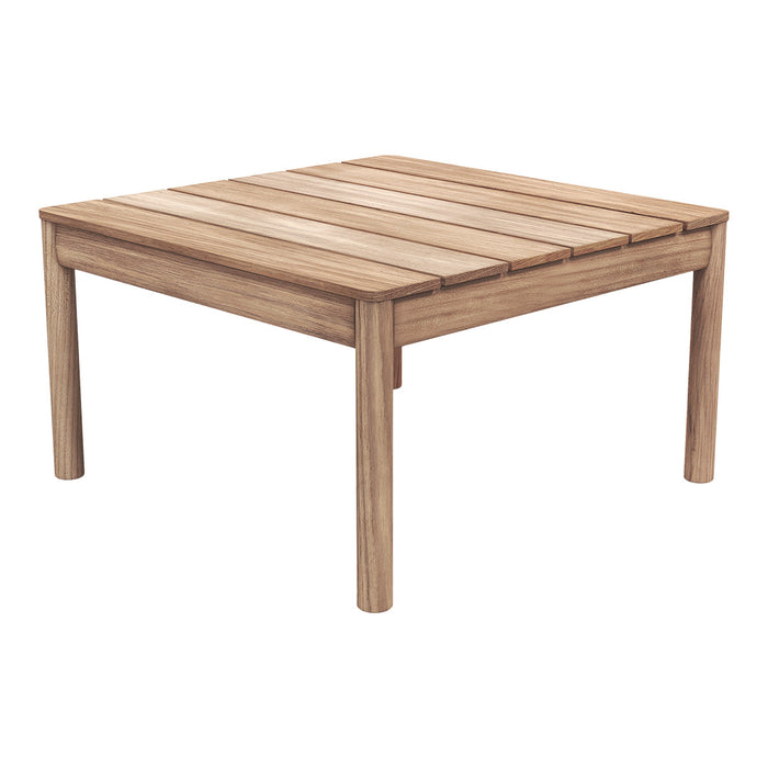 Natural wood square coffee table with a smooth, light brown finish and horizontal slatted pattern. Perfect for modern decor.