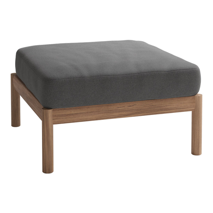 Gray cushioned ottoman with a wooden frame, featuring a sleek, modern design. Ideal for contemporary spaces.