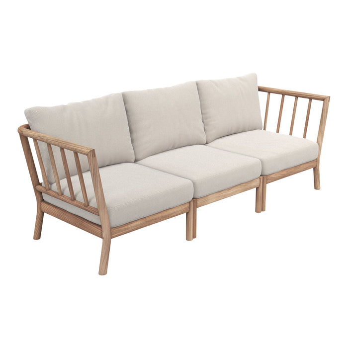 Beige cushions and natural wood frame create a modern, minimalist look in this elegant three-seater sofa.