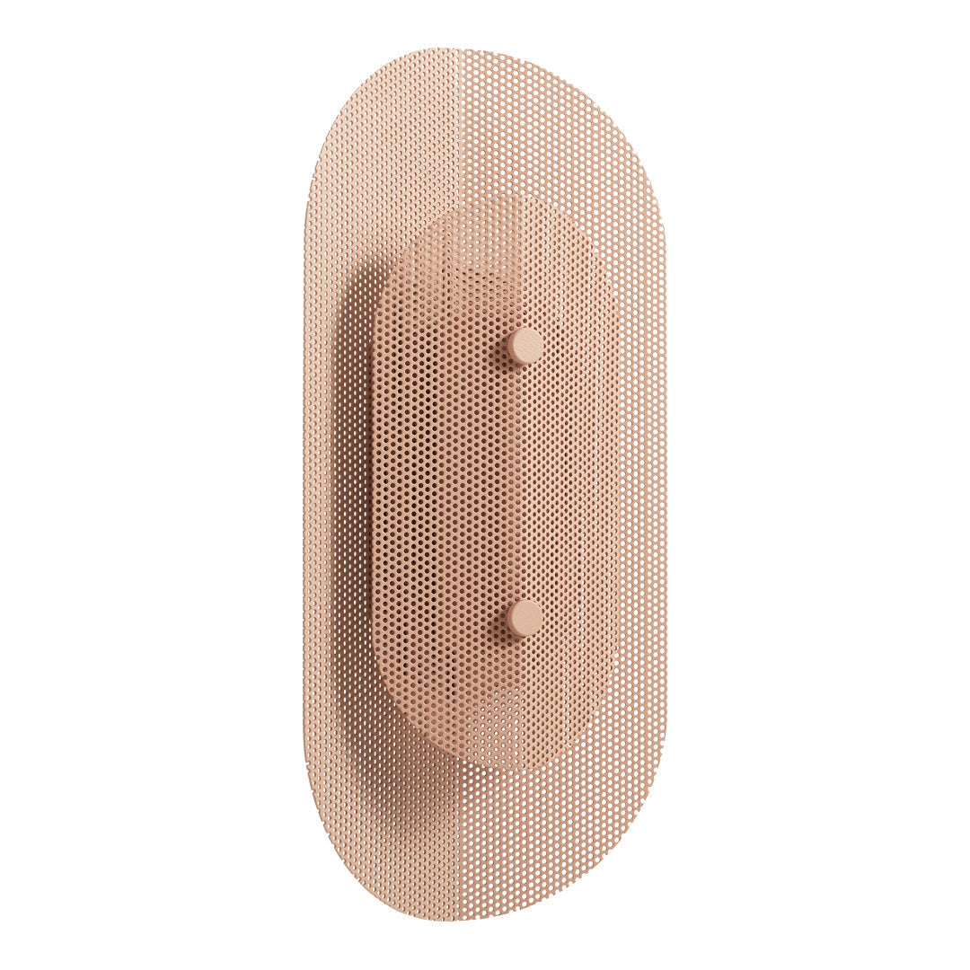 Minimalist peach wall hook with a textured mesh pattern and two rounded knobs for a modern touch.