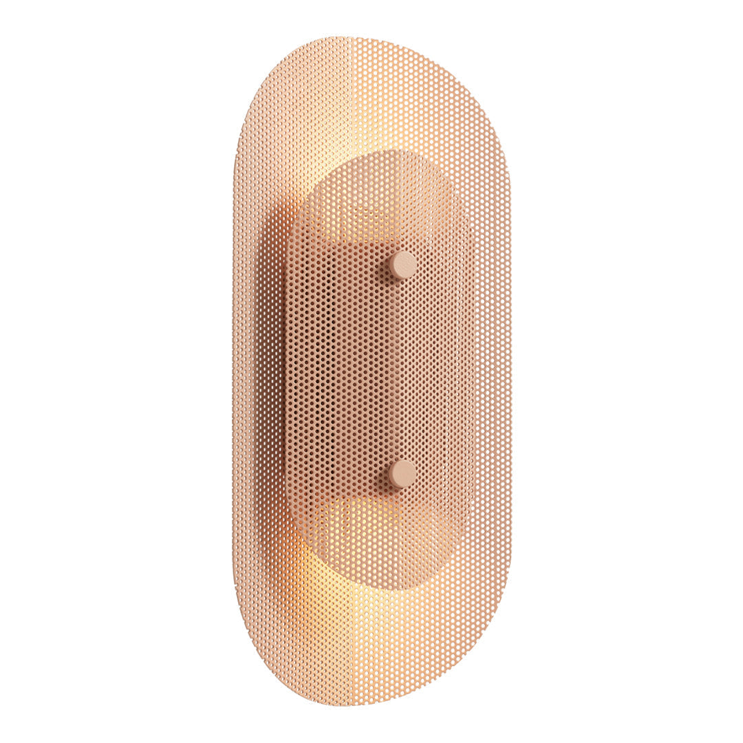 Copper mesh wall sconce with an oval shape, featuring soft light patterns and a modern, minimalist design.