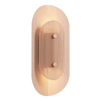 Copper mesh wall sconce with an oval shape, featuring soft light patterns and a modern, minimalist design.