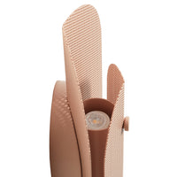 Dusty pink fan with textured pattern, featuring curved blades and a sleek, modern design. Ideal for stylish decor.