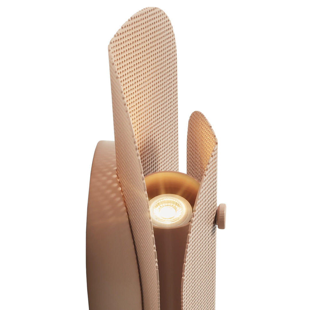 Beige decorative fan with a textured finish and soft curves, featuring a warm, glowing light in the center.