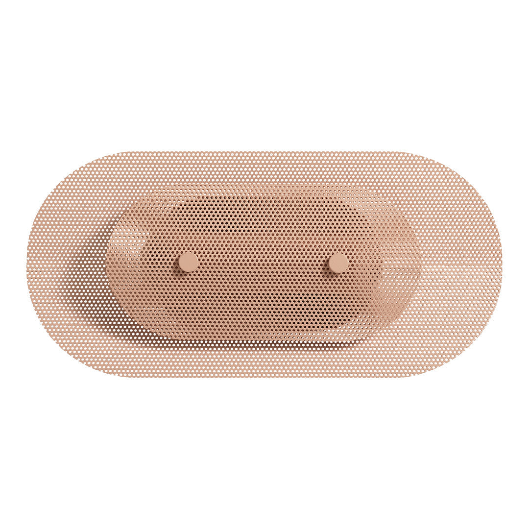 Oval wooden serving tray in natural wood tones with a perforated pattern and smooth edges. Perfect for stylish serving.