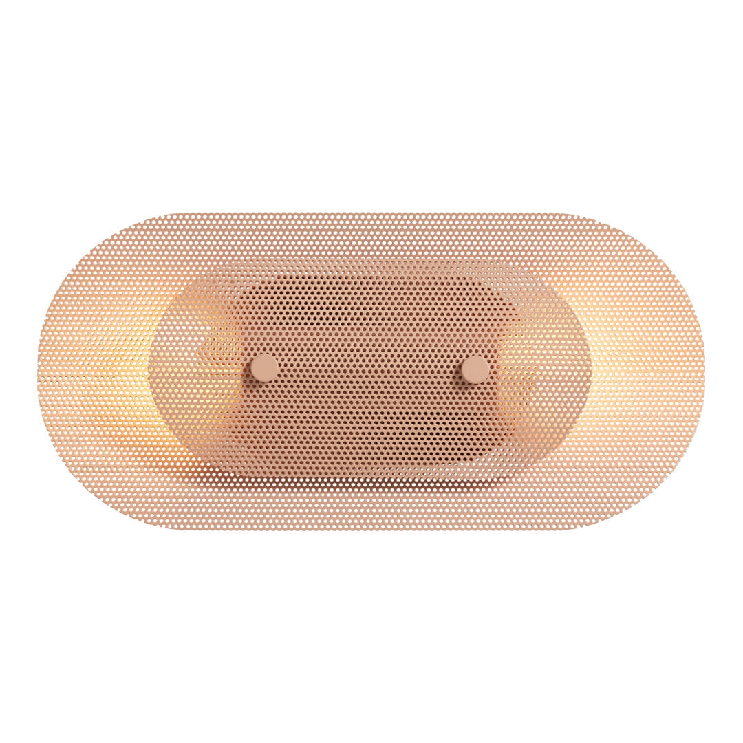 Modern oval light fixture in soft peach with a honeycomb pattern, featuring two central bulb fittings for warmth.
