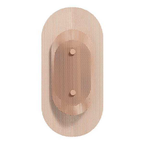 Rose gold metal wall hook with a textured perforated pattern, featuring two rounded knobs and an oval shape.